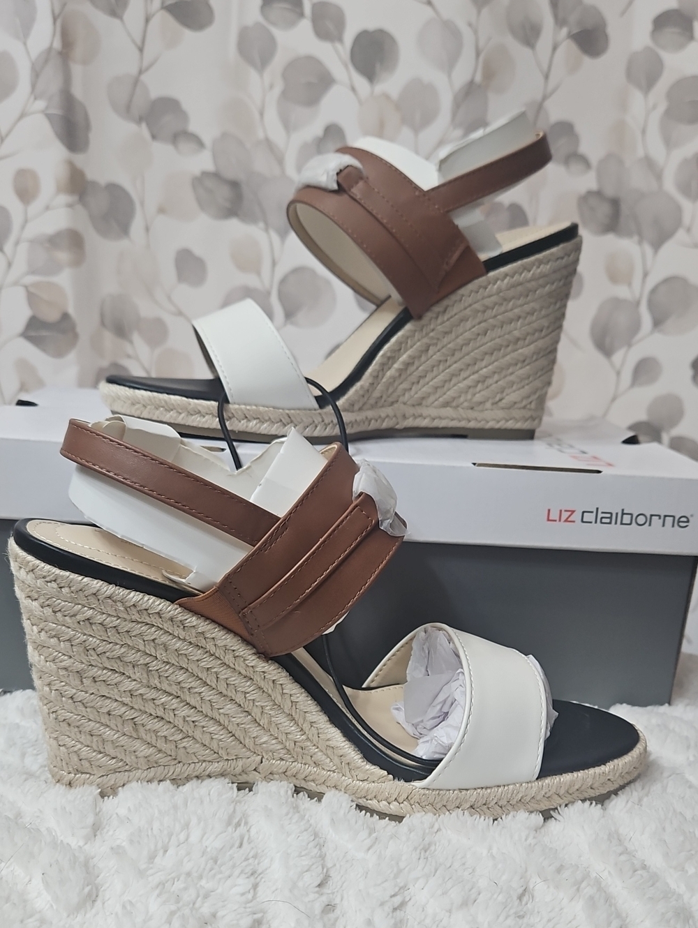Liz Claiborne White, Black and Brown Espadrille Wedge Sandals - Slingback Style